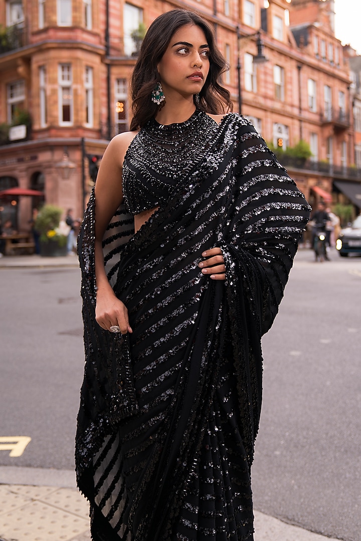 Black Georgette Sequin & Crystal Embellished Reception Saree Set by Seema Gujral at Pernia's Pop Up Shop