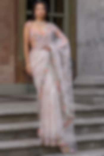 Nude Net Sequins Embroidered Reception Saree Set by Seema Gujral at Pernia's Pop Up Shop