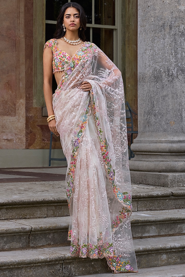 Nude Net Sequins Embroidered Reception Saree Set by Seema Gujral at Pernia's Pop Up Shop