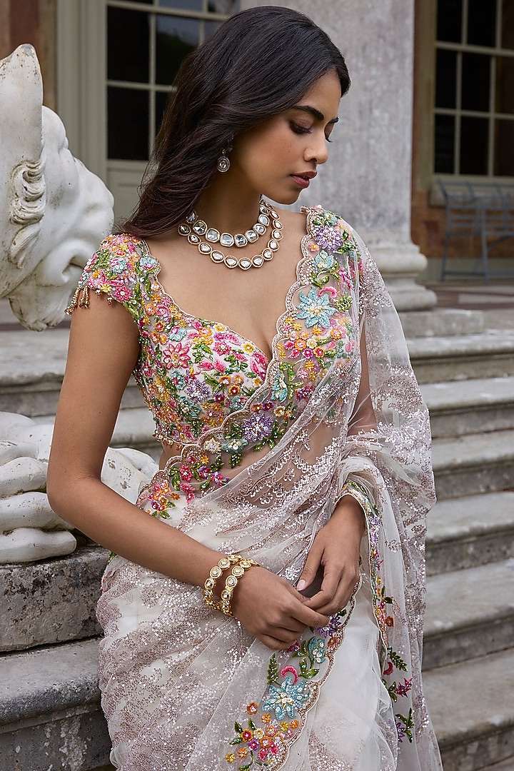 Nude Net Sequins Embroidered Reception Saree Set by Seema Gujral at Pernia's Pop Up Shop