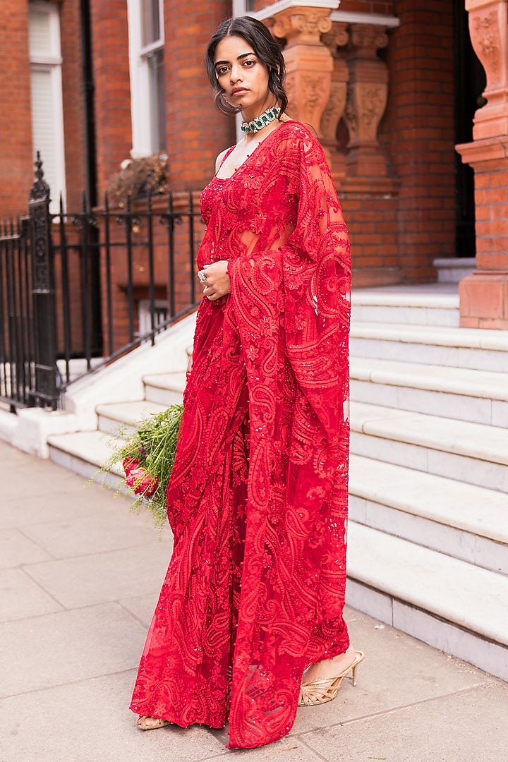 Red Net Thread & Sequin Embroidered Bridal Saree Set by Seema Gujral at Pernia's Pop Up Shop
