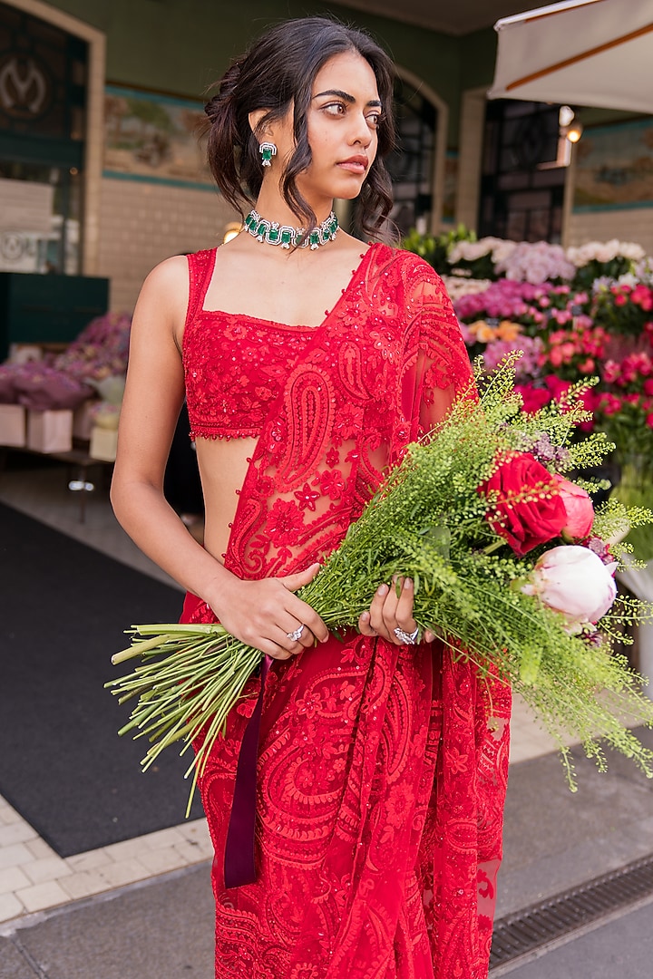 Red Net Thread & Sequin Embroidered Bridal Saree Set by Seema Gujral at Pernia's Pop Up Shop