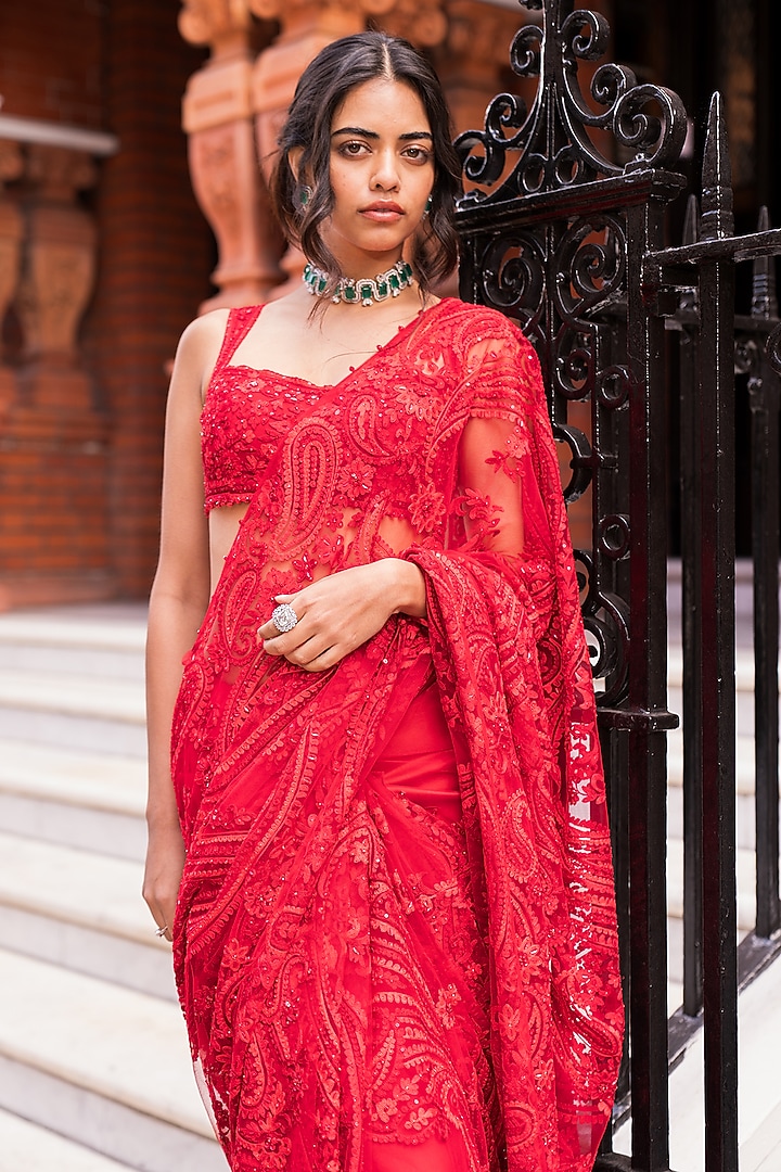 Red Net Thread & Sequin Embroidered Bridal Saree Set by Seema Gujral at Pernia's Pop Up Shop
