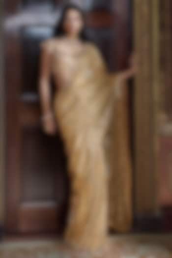 Antique Gold Net Sequins Embroidered Bridal Saree Set by Seema Gujral at Pernia's Pop Up Shop