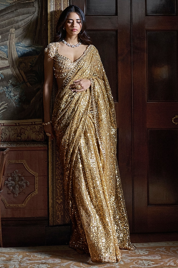Antique Gold Net Sequins Embroidered Bridal Saree Set by Seema Gujral at Pernia's Pop Up Shop