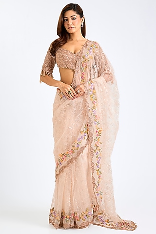 Nude Net Saree Set by Seema Gujral