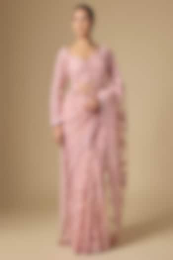 Peach Net Embroidered Bridal Saree Set by Seema Gujral at Pernia's Pop Up Shop