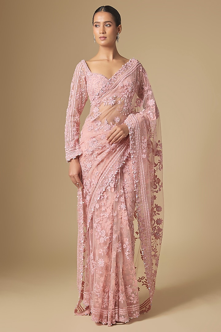 Peach Net Embroidered Bridal Saree Set by Seema Gujral at Pernia's Pop Up Shop