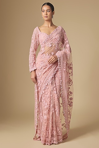 Peach Net Embroidered Saree Set by Seema Gujral
