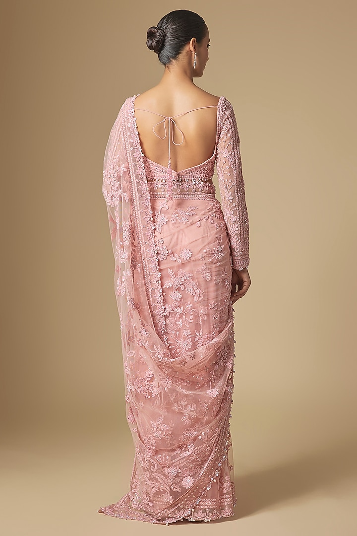 Peach Net Embroidered Bridal Saree Set by Seema Gujral at Pernia's Pop Up Shop