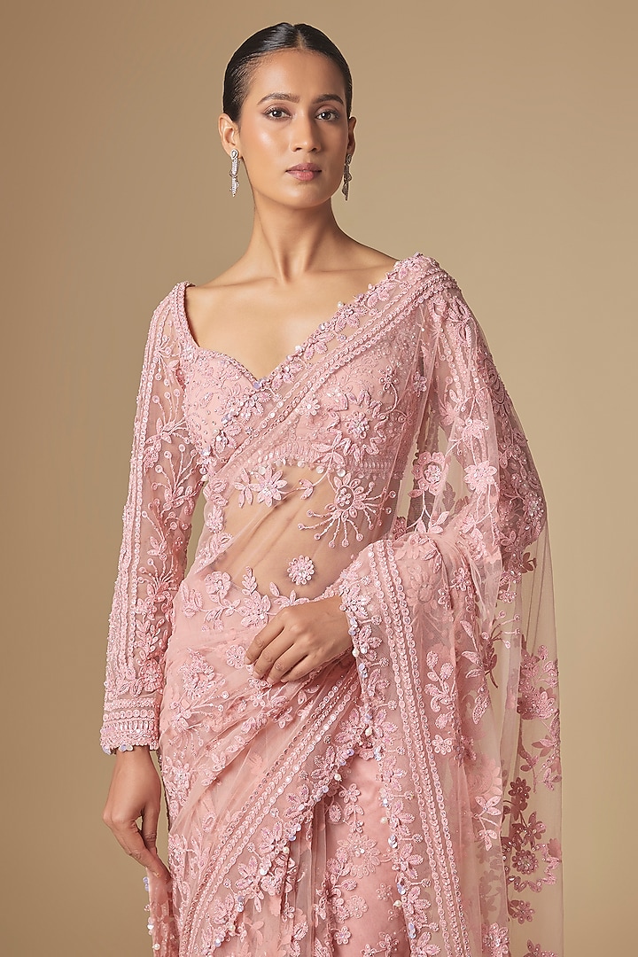 Peach Net Embroidered Bridal Saree Set by Seema Gujral at Pernia's Pop Up Shop