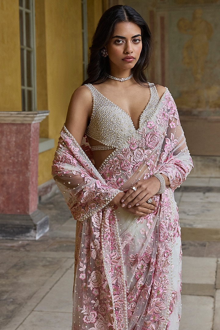 Pastel Pink Net Crystal Embroidered Bridal Saree Set by Seema Gujral at Pernia's Pop Up Shop
