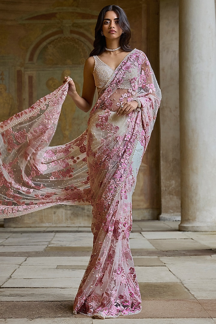 Pastel Pink Net Crystal Embroidered Bridal Saree Set by Seema Gujral at Pernia's Pop Up Shop