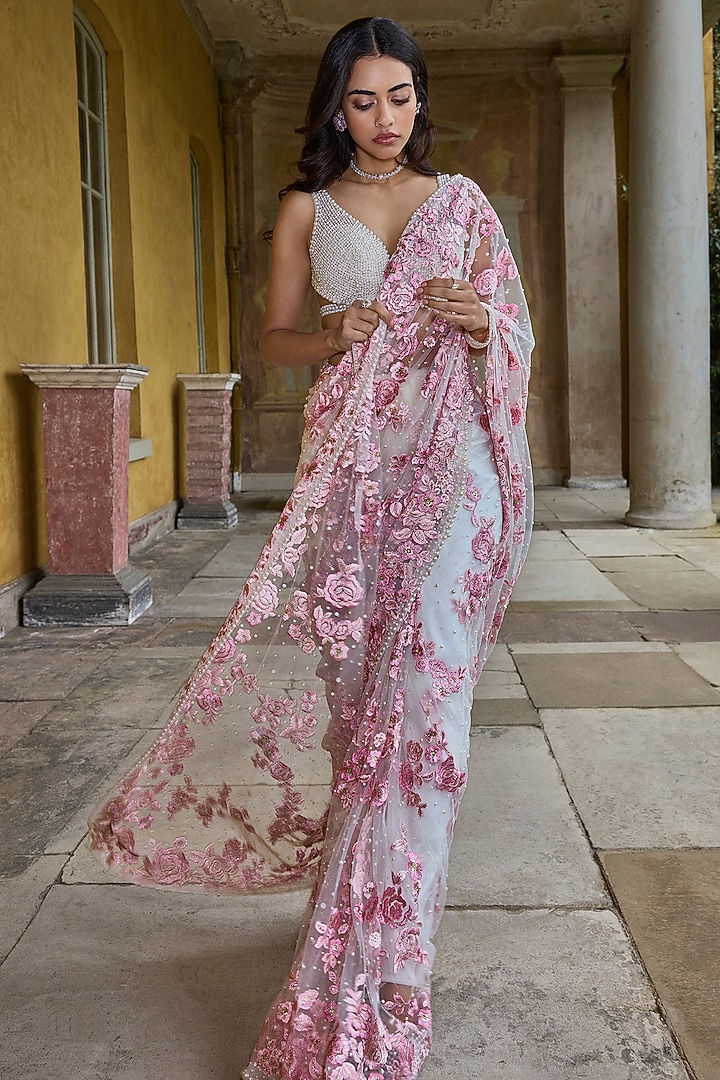 Pastel Pink Net Crystal Embroidered Bridal Saree Set by Seema Gujral at Pernia's Pop Up Shop