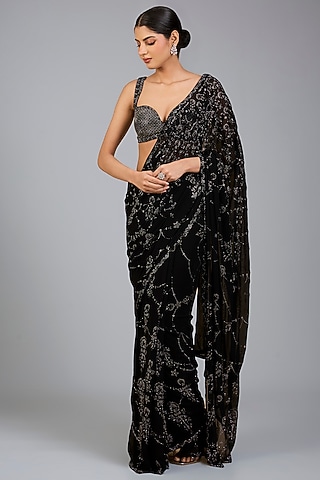 Black Net Embroidered Saree Set by Seema Gujral