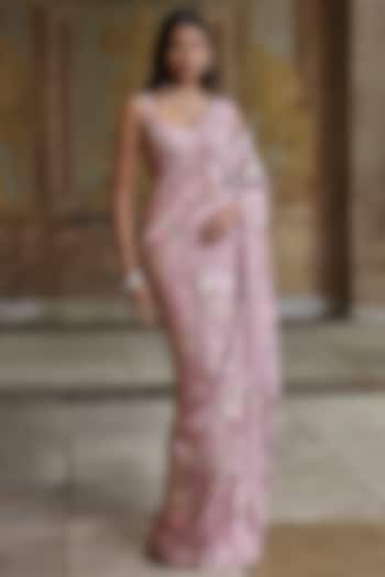 Dusty Pink Net Sequins Embroidered Bridal Saree Set by Seema Gujral at Pernia's Pop Up Shop