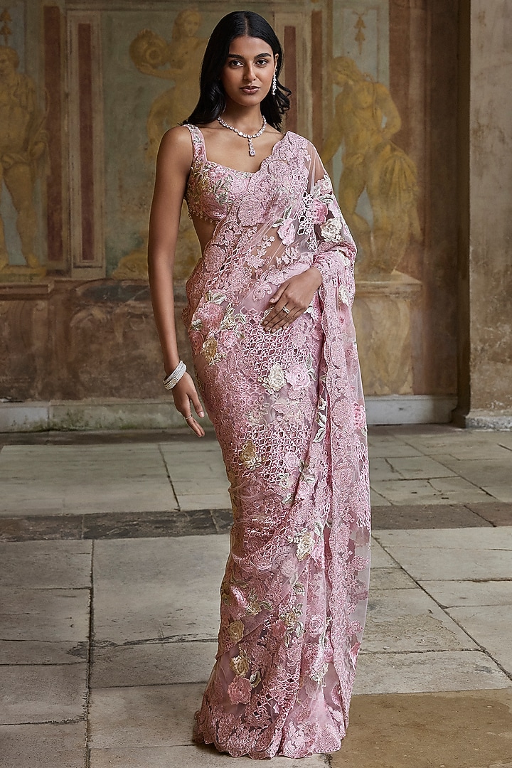 Dusty Pink Net Sequins Embroidered Bridal Saree Set by Seema Gujral at Pernia's Pop Up Shop