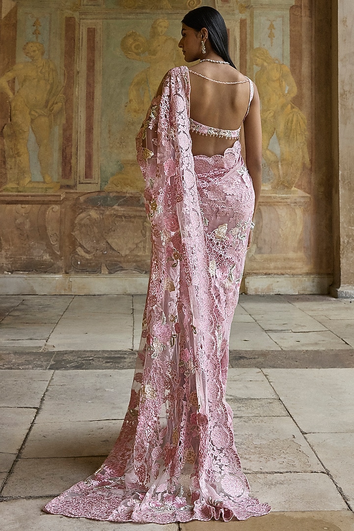 Dusty Pink Net Sequins Embroidered Bridal Saree Set by Seema Gujral at Pernia's Pop Up Shop