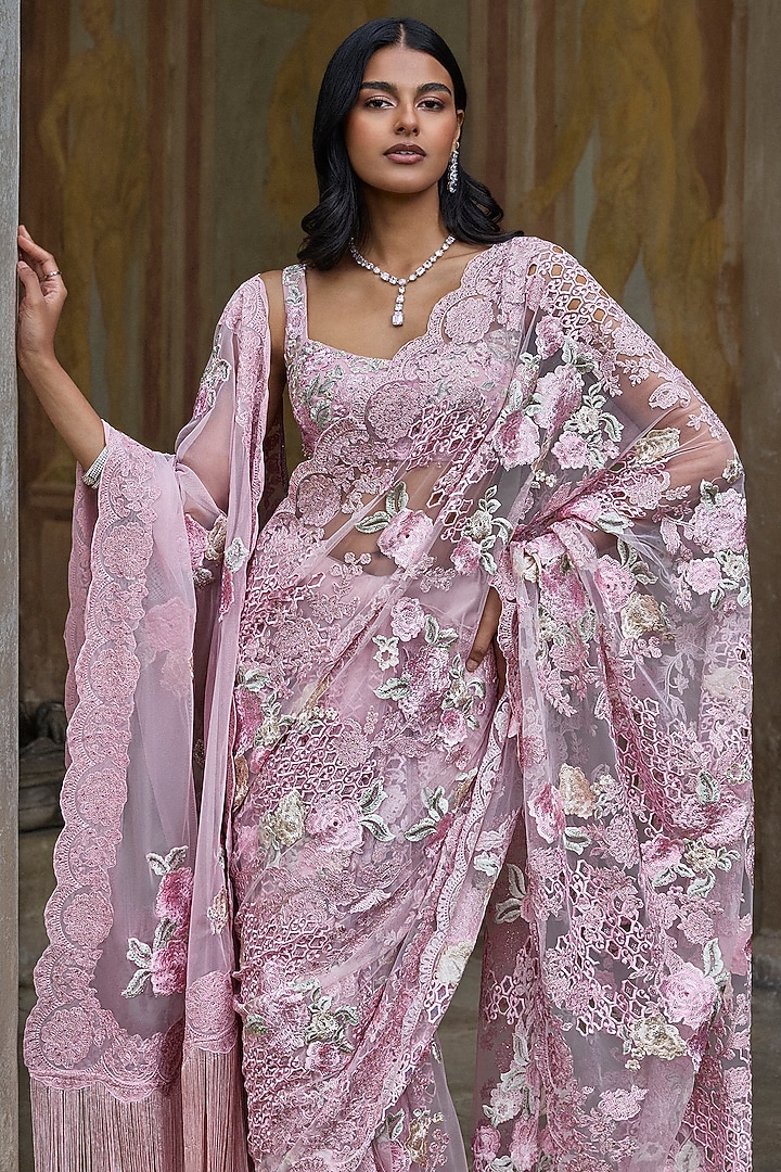 Dusty Pink Net Sequins Embroidered Bridal Saree Set by Seema Gujral at Pernia's Pop Up Shop