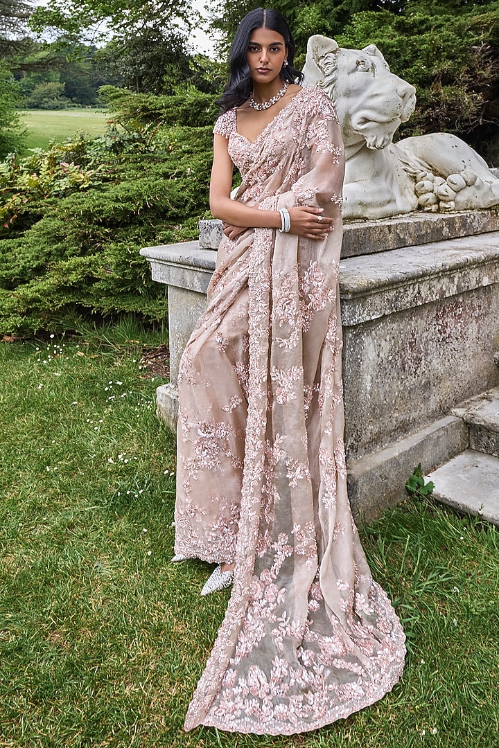 Rose Gold Net Crystal Embroidered Bridal Saree Set by Seema Gujral at Pernia's Pop Up Shop