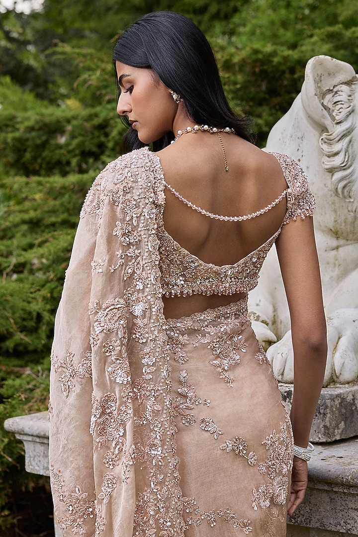 Rose Gold Net Crystal Embroidered Bridal Saree Set by Seema Gujral at Pernia's Pop Up Shop