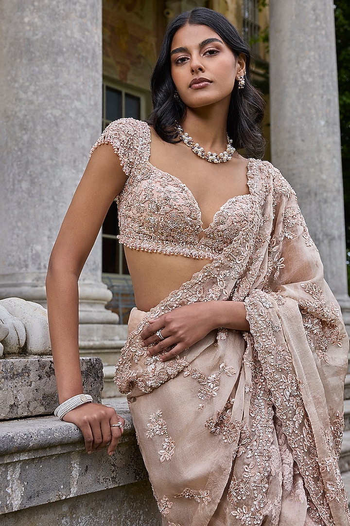 Rose Gold Net Crystal Embroidered Bridal Saree Set by Seema Gujral at Pernia's Pop Up Shop