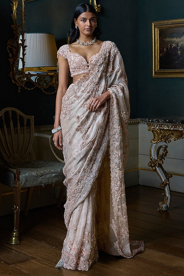 Rose Gold Net Crystal Embroidered Bridal Saree Set by Seema Gujral at Pernia's Pop Up Shop