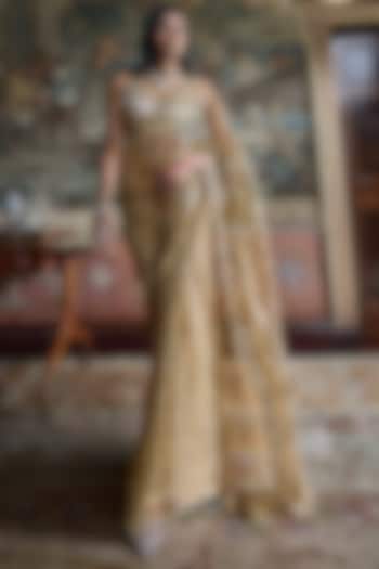 Golden Net Sequins Embroidered Bridal Saree Set by Seema Gujral at Pernia's Pop Up Shop