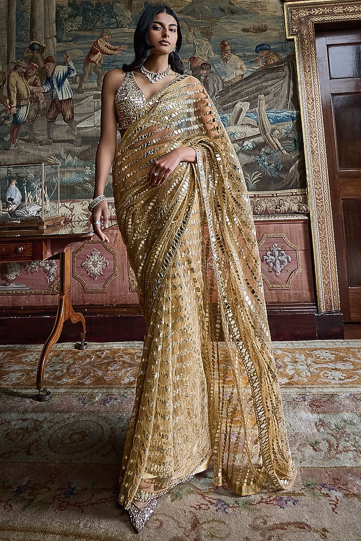 Golden Net Sequins Embroidered Bridal Saree Set by Seema Gujral at Pernia's Pop Up Shop