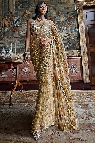 Golden Net Sequins Embroidered Saree Set by Seema Gujral
