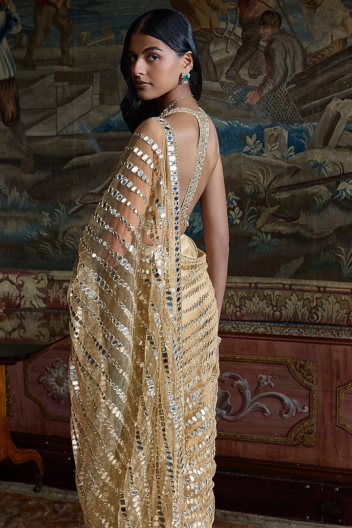 Golden Net Sequins Embroidered Bridal Saree Set by Seema Gujral at Pernia's Pop Up Shop
