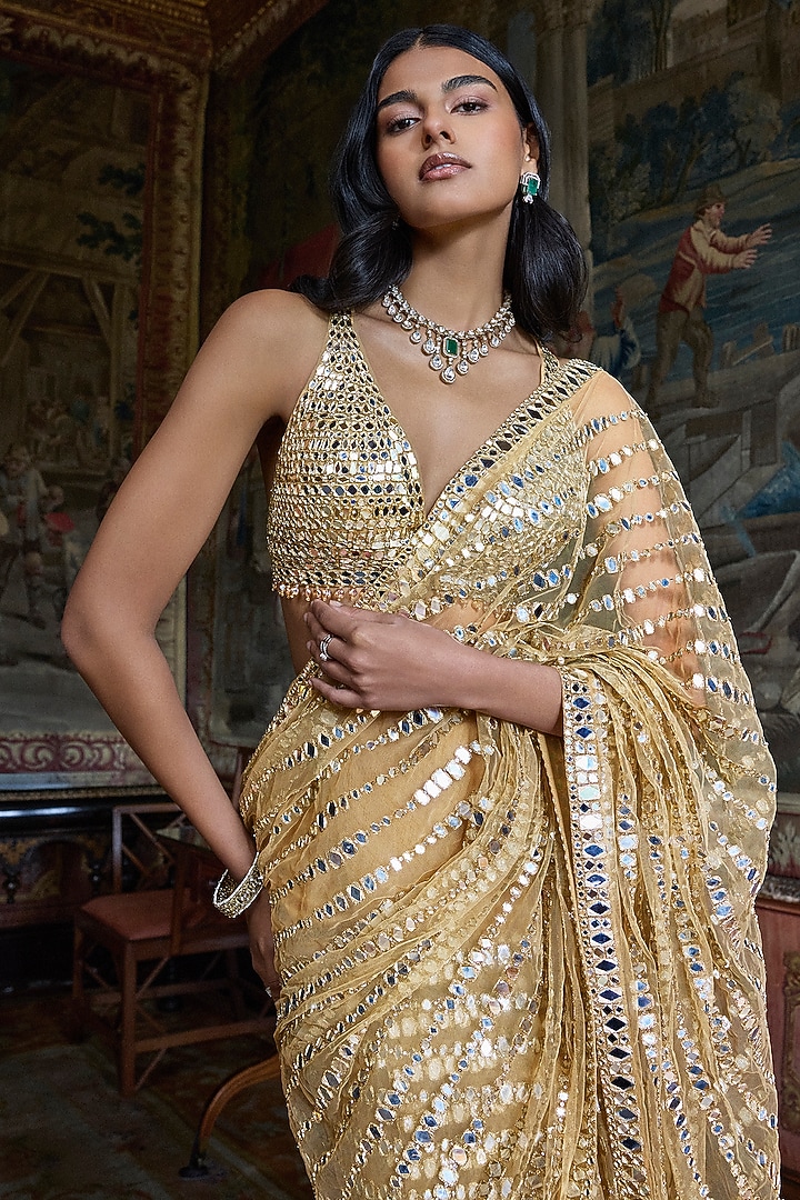 Golden Net Sequins Embroidered Bridal Saree Set by Seema Gujral at Pernia's Pop Up Shop