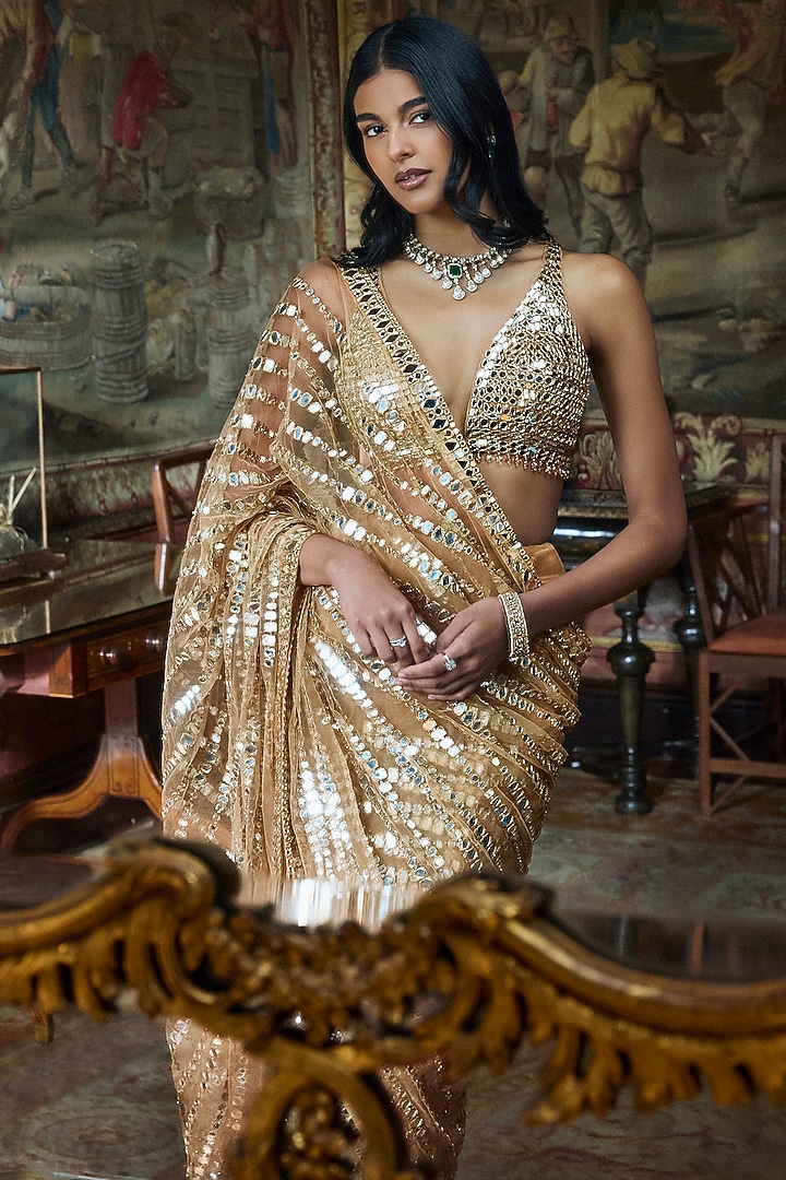 Golden Net Sequins Embroidered Bridal Saree Set by Seema Gujral at Pernia's Pop Up Shop