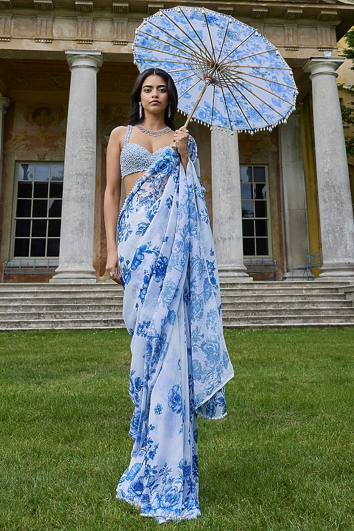 Ivory & Blue Georgette Sequins Embroidered Reception Saree Set by Seema Gujral at Pernia's Pop Up Shop