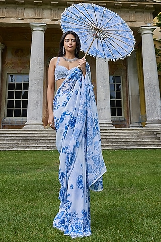Ivory & Blue Georgette Sequins Embroidered Saree Set by Seema Gujral