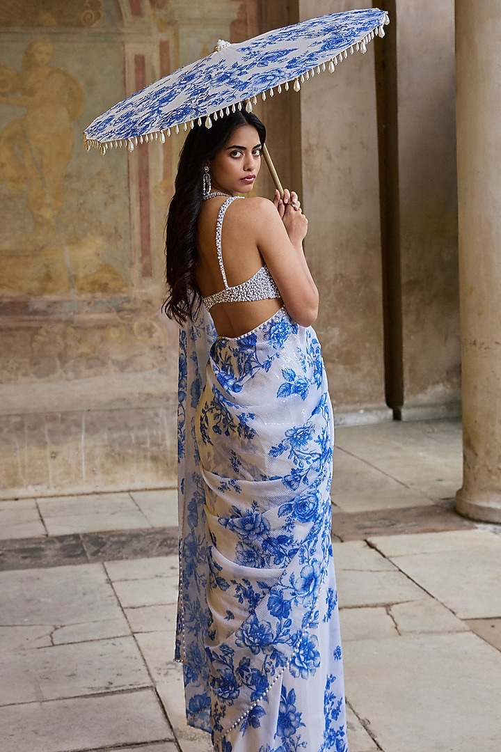Ivory & Blue Georgette Sequins Embroidered Reception Saree Set by Seema Gujral at Pernia's Pop Up Shop