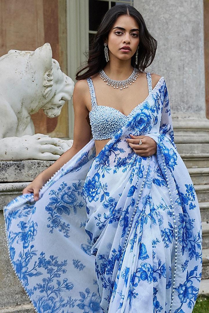 Ivory & Blue Georgette Sequins Embroidered Reception Saree Set by Seema Gujral at Pernia's Pop Up Shop