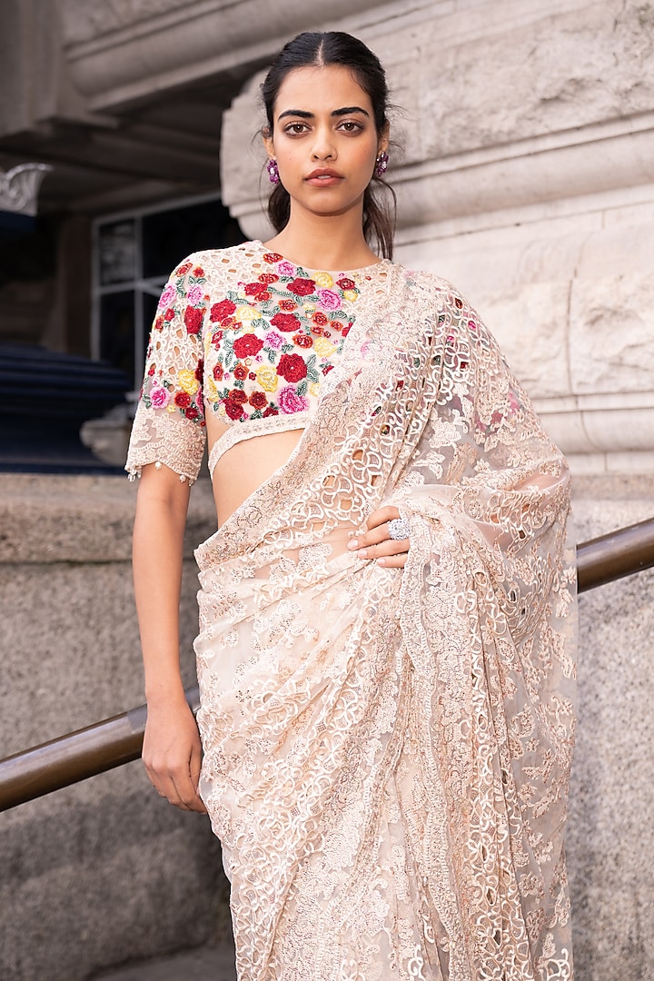 Beige Net Thread & Crystal Embroidered Bridal Saree Set by Seema Gujral at Pernia's Pop Up Shop