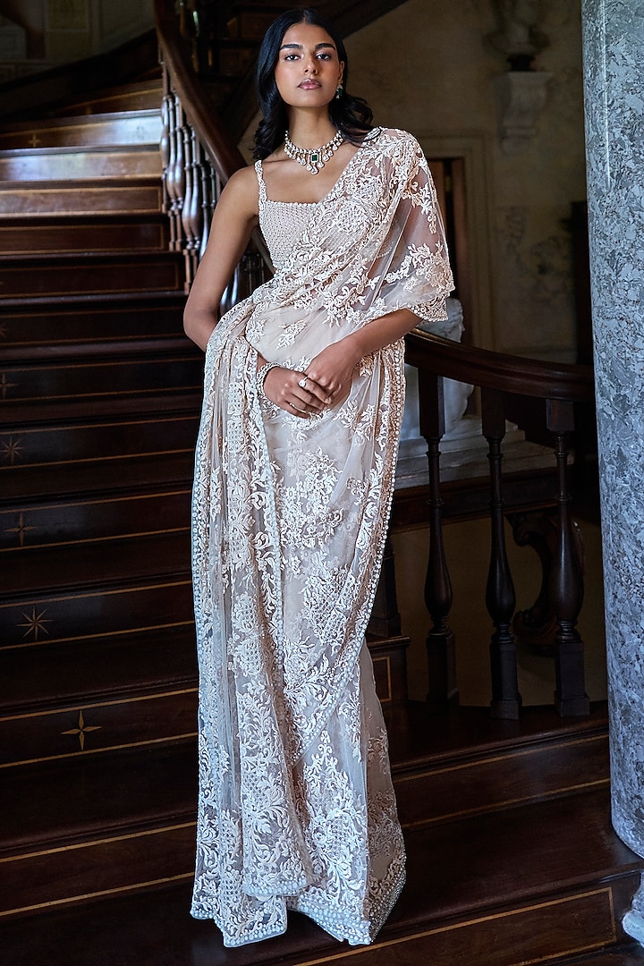 Nude Net Sequins Embroidered Bridal Saree Set by Seema Gujral at Pernia's Pop Up Shop