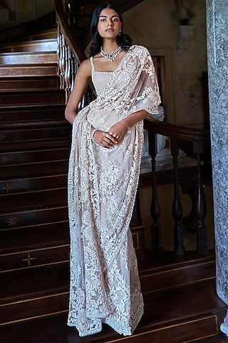 Nude Net Sequins Embroidered Saree Set by Seema Gujral