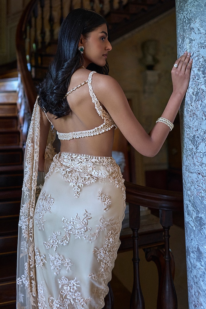 Nude Net Sequins Embroidered Bridal Saree Set by Seema Gujral at Pernia's Pop Up Shop