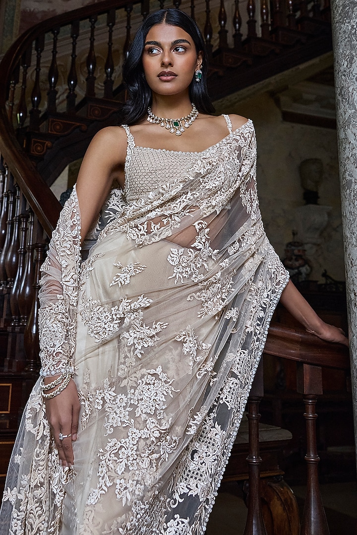 Nude Net Sequins Embroidered Bridal Saree Set by Seema Gujral at Pernia's Pop Up Shop