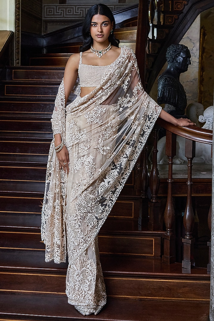 Nude Net Sequins Embroidered Bridal Saree Set by Seema Gujral at Pernia's Pop Up Shop