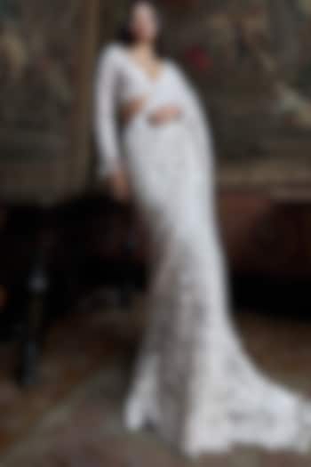 Ivory Net Sequins Embroidered Bridal Saree Set by Seema Gujral at Pernia's Pop Up Shop