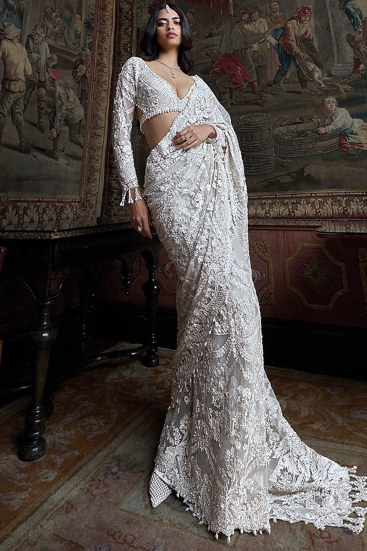 Ivory Net Sequins Embroidered Bridal Saree Set by Seema Gujral at Pernia's Pop Up Shop