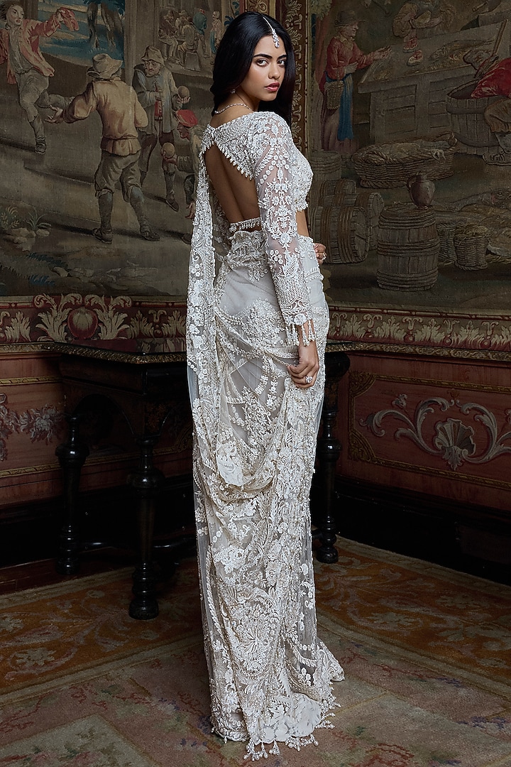 Ivory Net Sequins Embroidered Bridal Saree Set by Seema Gujral at Pernia's Pop Up Shop
