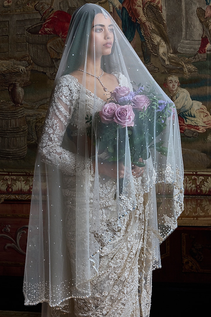 Ivory Net Sequins Embroidered Bridal Saree Set by Seema Gujral at Pernia's Pop Up Shop