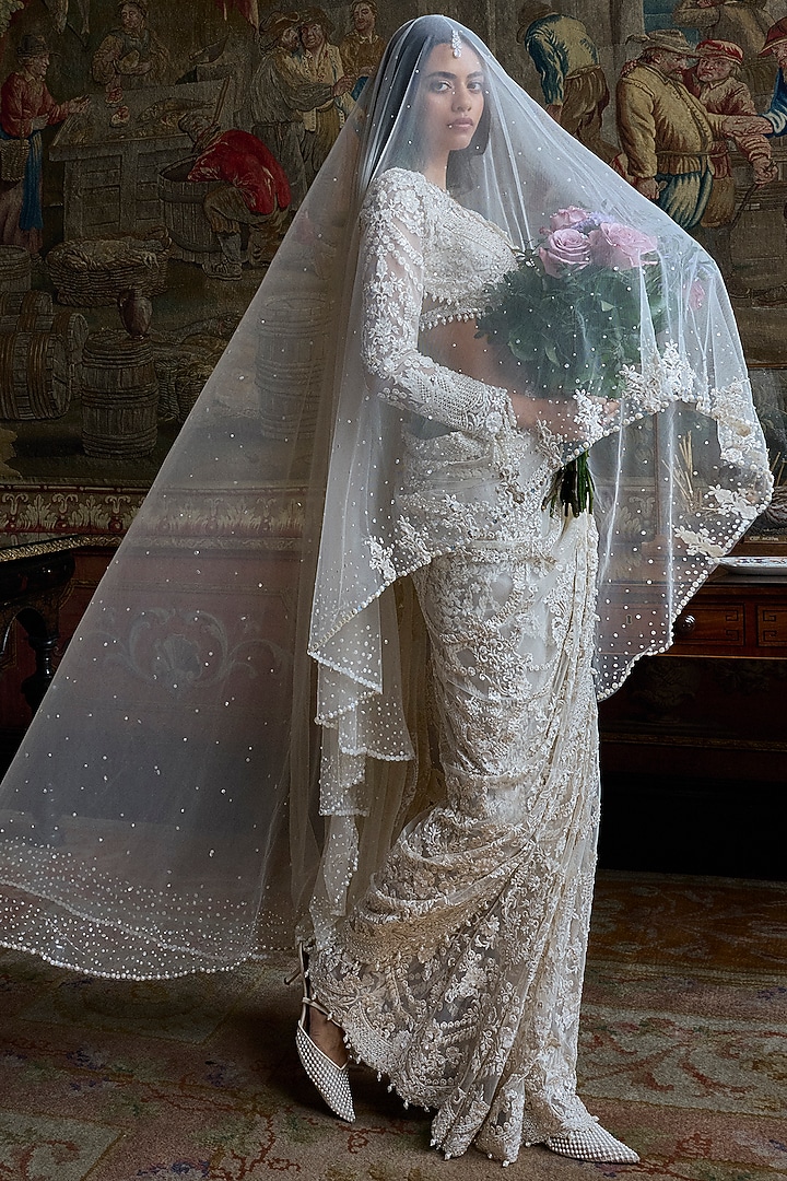 Ivory Net Sequins Embroidered Bridal Saree Set by Seema Gujral at Pernia's Pop Up Shop