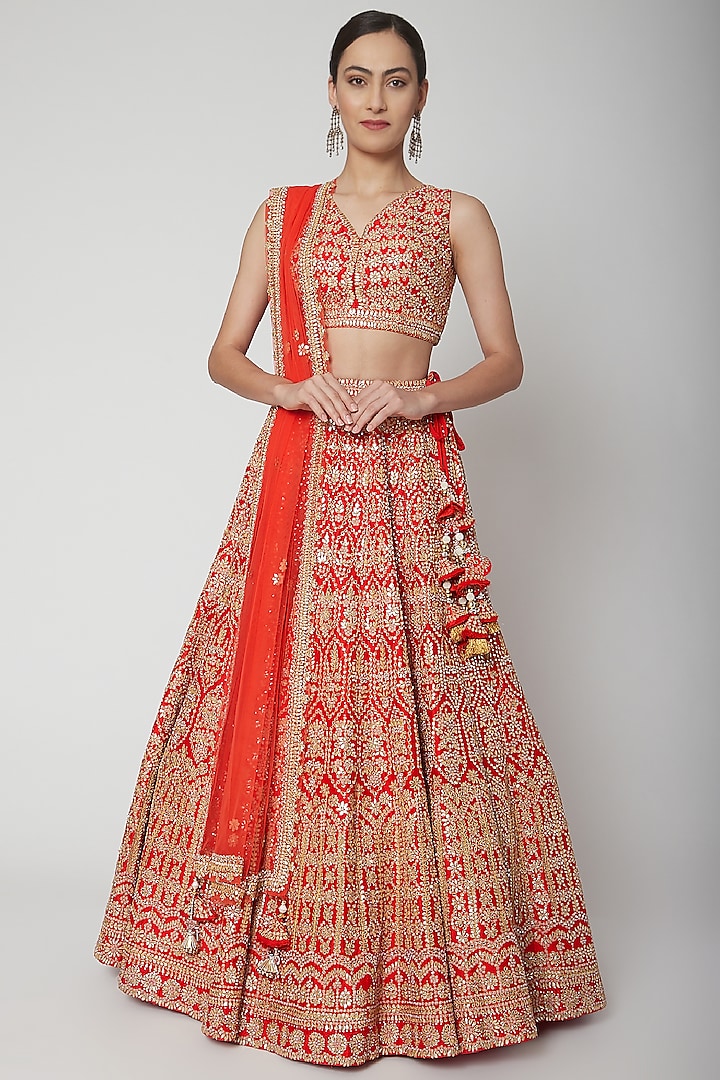 Red Thread Embroidered Lehenga Set by Seema Gujral