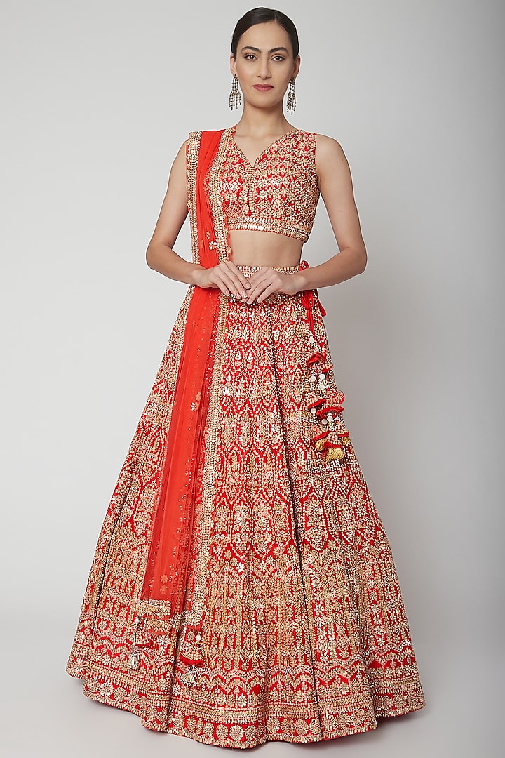Red Thread Embroidered Bridal Lehenga Set by Seema Gujral at Pernia's Pop Up Shop